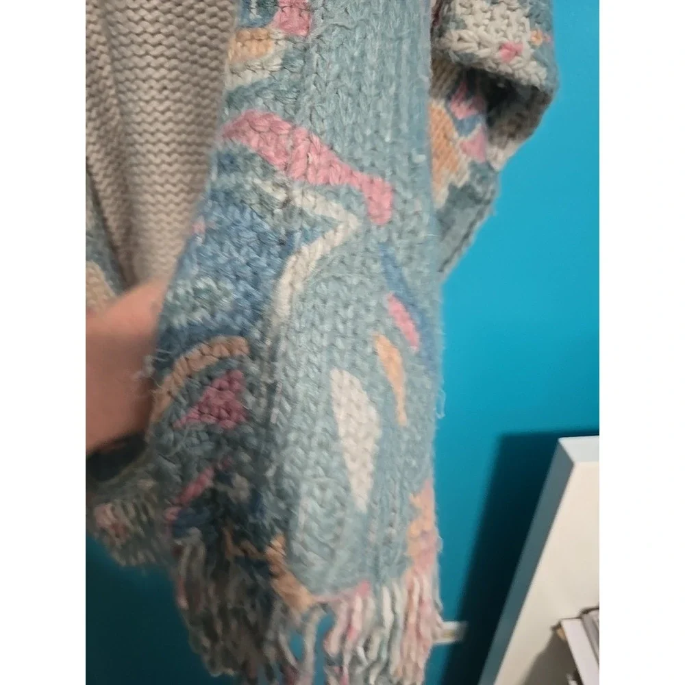 Anthropologie Floral Blue Pink  Duster Cardigan One Size fits all Fringe